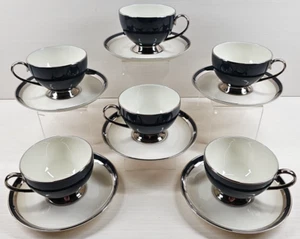 6 Gorham Black Contessa Cups Saucers Set Vintage Elegant Platinum Coffee Tea Lot - Picture 1 of 24