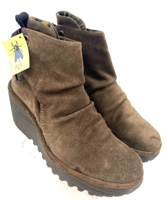 NEW FLY London Yebi Brown Suede Leather Wedge Heel Boots Shoes EU 37 Women's 7 - Image 1 of 4