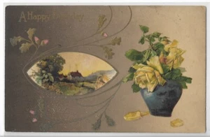 Vintage Postkarte - Happy Birthday - Szene und Vase mit Rosen - Bild 1 von 2