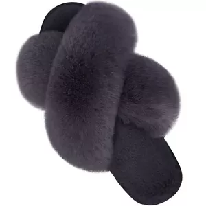 Women's Fuzzy Slippers Comfy Cross Band House Shoes Memory Foam Open Toe Indo... - Picture 1 of 7