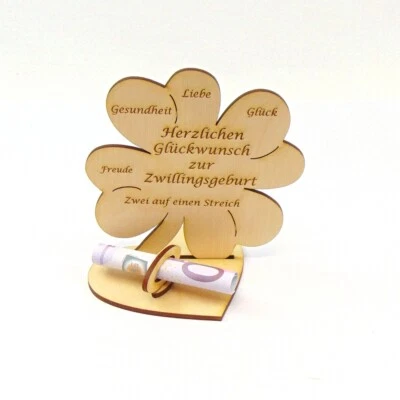 Zur Zwillingsgeburt, Geldgeschenk, Tischdeko Holz Kleeblatt Zwillinge Geburt - Bild 1 von 3