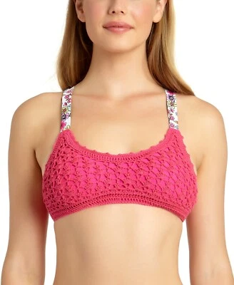 California Waves Juniors Medium Crochet Bralette Bikini Top Racerback Pink 1098 - Image 1 of 4