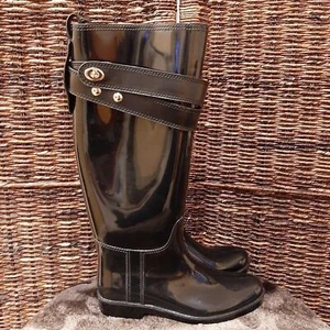 Coach Talia Tall Black Waterproof Rain Boots Leather 6 Rubber Designer Luxury - Picture 1 of 7