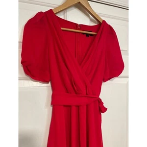 DKNY Red Gauzy Flowy Sheer Faux Wrap Midi Short Sleeve Dress S 2 - Picture 1 of 10