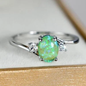 Holiday Gift Classic Oval Green Fire Opal Zirconia Gem Silver Rings Us Size 5-11 - Picture 1 of 8