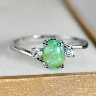 Anillos clásicos de plata con gema de circonita de ópalo de fuego verde ovalados talla 5-11 para regalo de vacaciones Foto 1 de 4