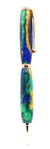 Handmade Slimline Pro Twist Pen - Rose Gold - Blue / Green / Gold Resin Barrel - Picture 1 of 9