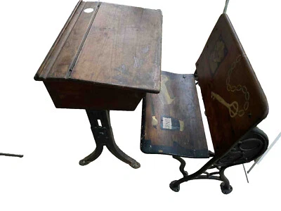 Antique Child's School Desk with Inkwell Iron And Wood - Image 1 of 4