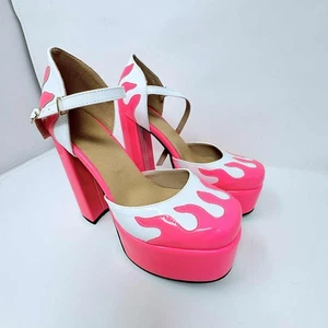 Damenschuhe rund geschnitten Schnalle Riemen hoch Plateau dicke Absätze Hot Pink 38 - Bild 1 von 13
