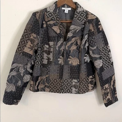 Elegante Chaqueta Blazer Dressbarn Negra Gris Tostada Floral Geométrica Cremallera Frontal Talla Pequeña Foto 1 de 4