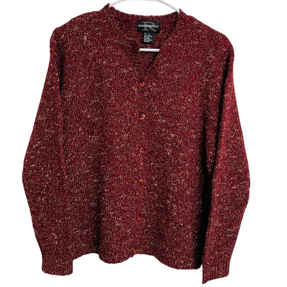 Cárdigan tejido jaspeado rojo vintage años 90 botón delantero mezcla lana Boucle textura L Foto 1 de 4