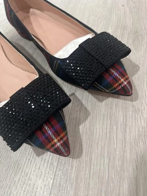 J Crew Puntera Punta Plana Mujer Talla 9.5 Negro Tartán Cuadros Estrás Arco Preppy Foto 1 de 4
