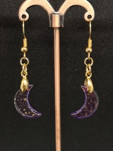 Glass Purple Half Moon Gold Plated Earrings - Picture 1 of 3
