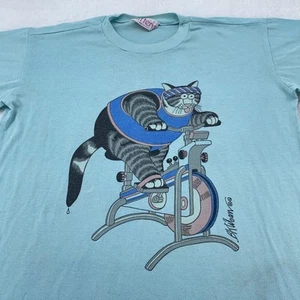 Vintage 80s Kliban Cat Exercise Bike 2-Sided Cartoon Shirt Mens Large Gym Funny - Picture 1 of 10