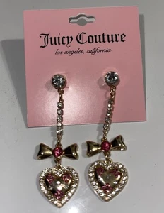 Juicy Couture Gold Tone Rhinestone Chain Drop Earrings with Heart & Bow NWT - Picture 1 of 3