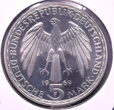 1969-F ~ German ~ 5 Deutsche Mark Silver Coin ~ Proof-Like ~ *P285 - Image 1 of 3