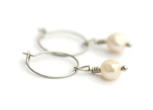 Freshwater Pearl Hoop Earrings | Dainty Simplistic Beach Ocean Sea Cruise - Picture 1 of 3