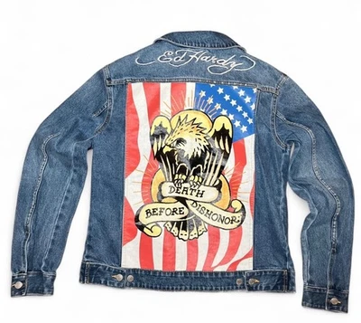 Ed Hardy America Flag Denim Trucker Jean Jacket Death Before Dishonor Eagle Med - Image 1 of 4