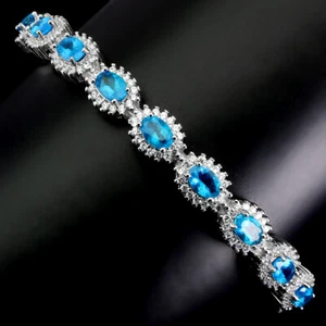 925 Sterlingsilber Armreif Oval Blau Apatit 6x4mm Natürlicher Edelstein Schmuck - Picture 1 of 10