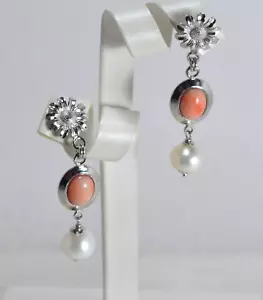 ORECCHINI ARGENTO 925 CABOCHON CORALLO ROSA PERLE D'ACQUA DOLCE AGHT 0935 - Foto 1 di 3