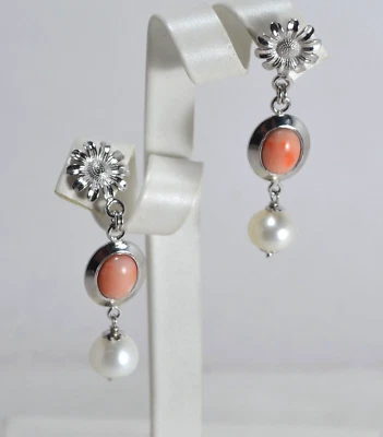 ORECCHINI ARGENTO 925 CABOCHON CORALLO ROSA PERLE D'ACQUA DOLCE        AGHT 0935 - Immagine 1 di 3