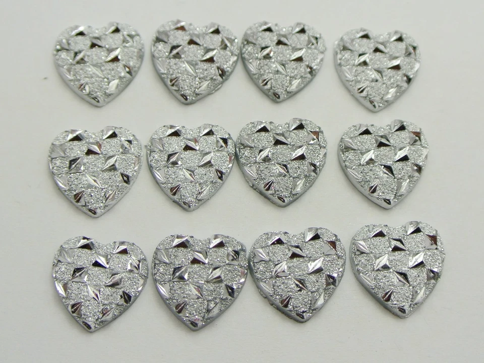 200 Silver Flatback Acrylic Glitter Heart Rhinestone Cabochons 11X11mm - Imagem 1 de 4