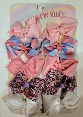 NEW 10 Hairbow For Girls On Card Pink White Pink Leapoard Pink Blue Tie Dye - Image 1 of 2