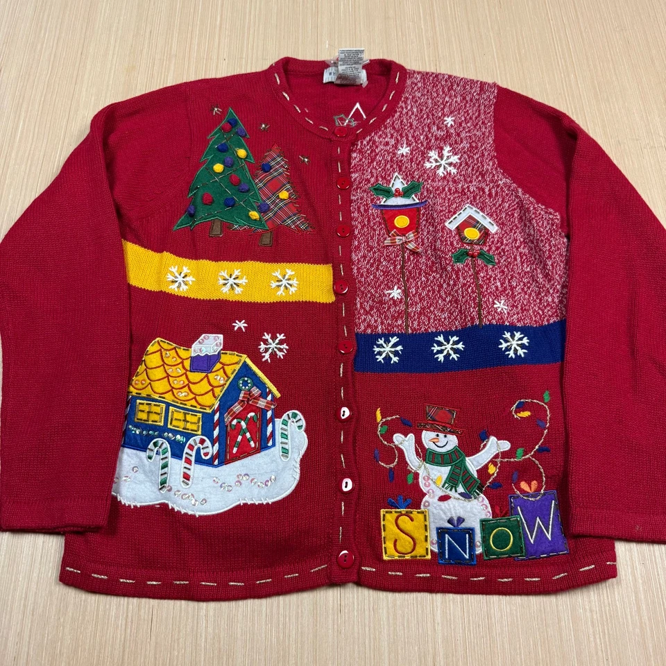 Cárdigan Suéter Navidad Ciervo Blanco Vintage Grande Muñeco de Nieve Copo de Nieve Años 90 Caramelo Foto 1 de 4