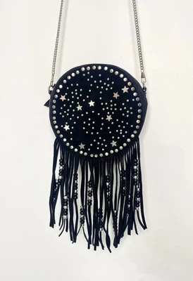 Cartera pequeña Earthbound de cuero negra con flecos boho hippie vaquera estrellas celestiales Foto 1 de 4