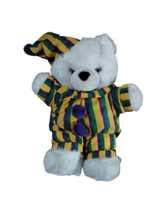 Fiesta weißer Clown Bär Plüsch gestreift Party Hut 1989 Nylon Bommel Vintage grün lila - Bild 1 von 8