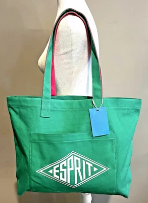 Сумка с короткими ручками ESPRIT ретро стиль 90-х Kelly зеленая холщовая с логотипом подлинная см. описание - Изображение 1 из 4