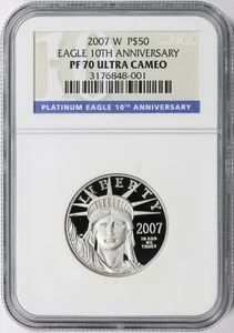 2007-W Proof $50 Platinum Eagle Statue of Liberty NGC PF70UCAM 10th Anniversary - Picture 1 of 4