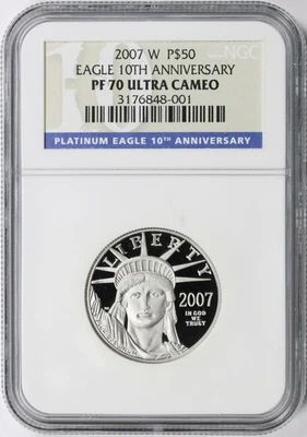 2007-W Proof $50 Platinum Eagle Statue of Liberty NGC PF70UCAM 10th Anniversary - Image 1 of 4
