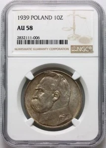 1939 Poland Józef Piłsudski, Silver 10 Zlotych, ? Mint, Rare, NGC AU 58. - Picture 1 of 3