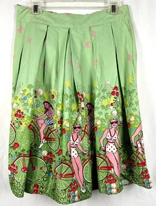 Retro Floral Pin-Up Bicycle Girls Green Woven Cotton Pleated Full Midi Skirt L - Picture 1 of 3