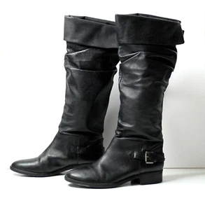 Botas hasta la rodilla holgadas de cuero negro Steve Madden de colección para mujer tacón de 8 bloques Y2K - Imagen 1 de 8