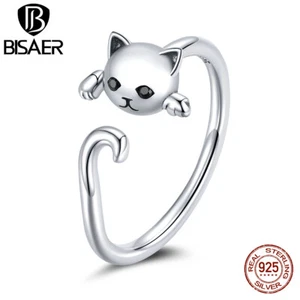 Bisaer European S925 Sterling Silver Shiny Cute cat Open Finger Ring For Women - Picture 1 of 12