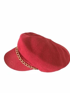 Giovannio Vtg Knit Billed Cap Hat Red London Mod Go Go Twiggie Gold Tone Chain - Picture 1 of 6
