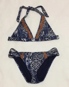 Lucky Brand Damen kleiner gepolsterter Bikini blau weiß Batik Paradise Neckholder Hipster - Bild 1 von 11
