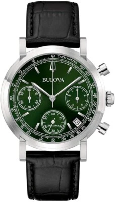 Orologio Bulova Uomo Cinturino Pelle Nera Quadrante Verde Cronografo _96B457 - Immagine 1 di 4