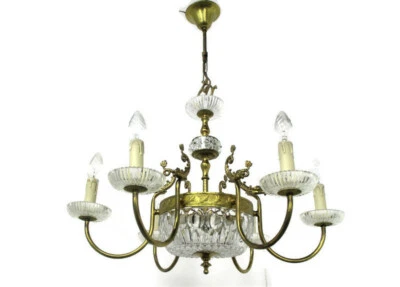 French Chandelier Ornate Brass Crystal Prisms Hollywood Regency Fish WOW 8 light - Image 1 of 4