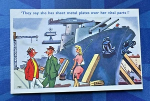 Comic Postcard 1950s Saucy Battleship Innuendo METAL PLATES OVER VITAL PARTS - Picture 1 of 2