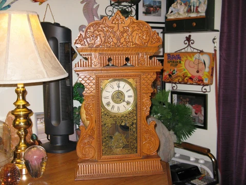 ANTIQUE GILBERT SOLID WOOD GINGERBREAD KEY WIND SHELF MANTLE CLOCK with ALARM Cover