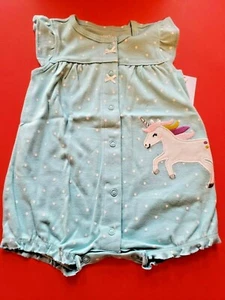 GIRLS INFANT CARTER'S BABY BLUE WITH POLKA DOTS UNICORN SIZE 6 MONTHS ROMPER - Picture 1 of 12