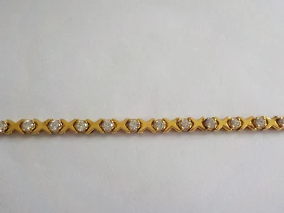 Pulsera Tenis X O Piedra Transparente Plata 925 Marcada Tono Oro Punta Doble Cierre Foto 1 de 4