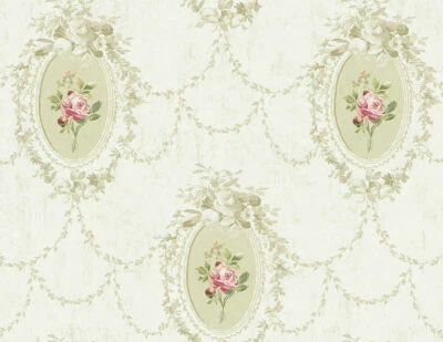 Wallpaper Pink Red Green Rose Cameo & Beige Tan Garland on Beige , 60 Sq Ft Bolt - Image 1 of 2