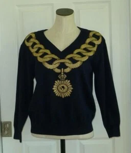 ST JOHN COLLECTION Vtg Santana Knit Navy Metal Gold Nautical V-Neck Sweater M L - Picture 1 of 9