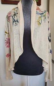 Knitted Knotted Floral Cardigan size medium Ivory Colorful Flowers Open Front  - Picture 1 of 8