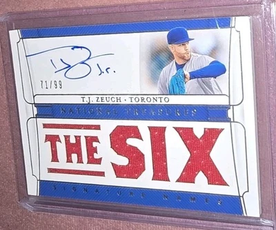 2020 NATIONAL TREASURES TJ ZEUCH THE SIX PATCH AUTO #'D 71/99 TORONTO BLUE JAYS - Image 1 of 4