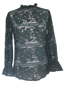 Papaya Top Bluse Damen Gr. 12uk Spitze Rosen Blumenmuster Grün Romantisch Langarm - Bild 1 von 9